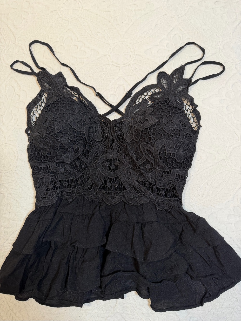 Black Lace Babydoll Cami Top Padded Crisscross Straps Sz. Small Whimsygoth